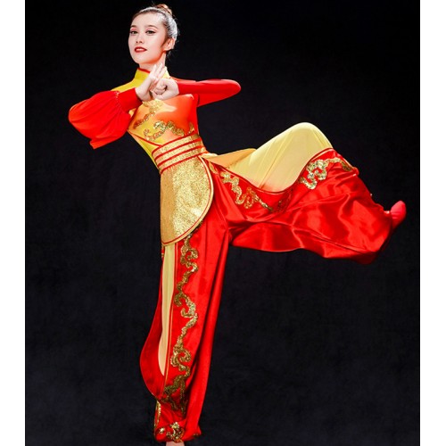 Women's red with gold chinese folk dance costumes dragon dummer performance clothes wushu fan umbrealla dance dress